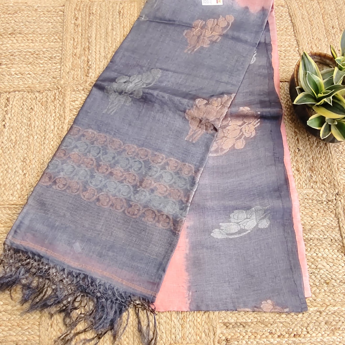 Pure Tussar Silk- Peach and Gray