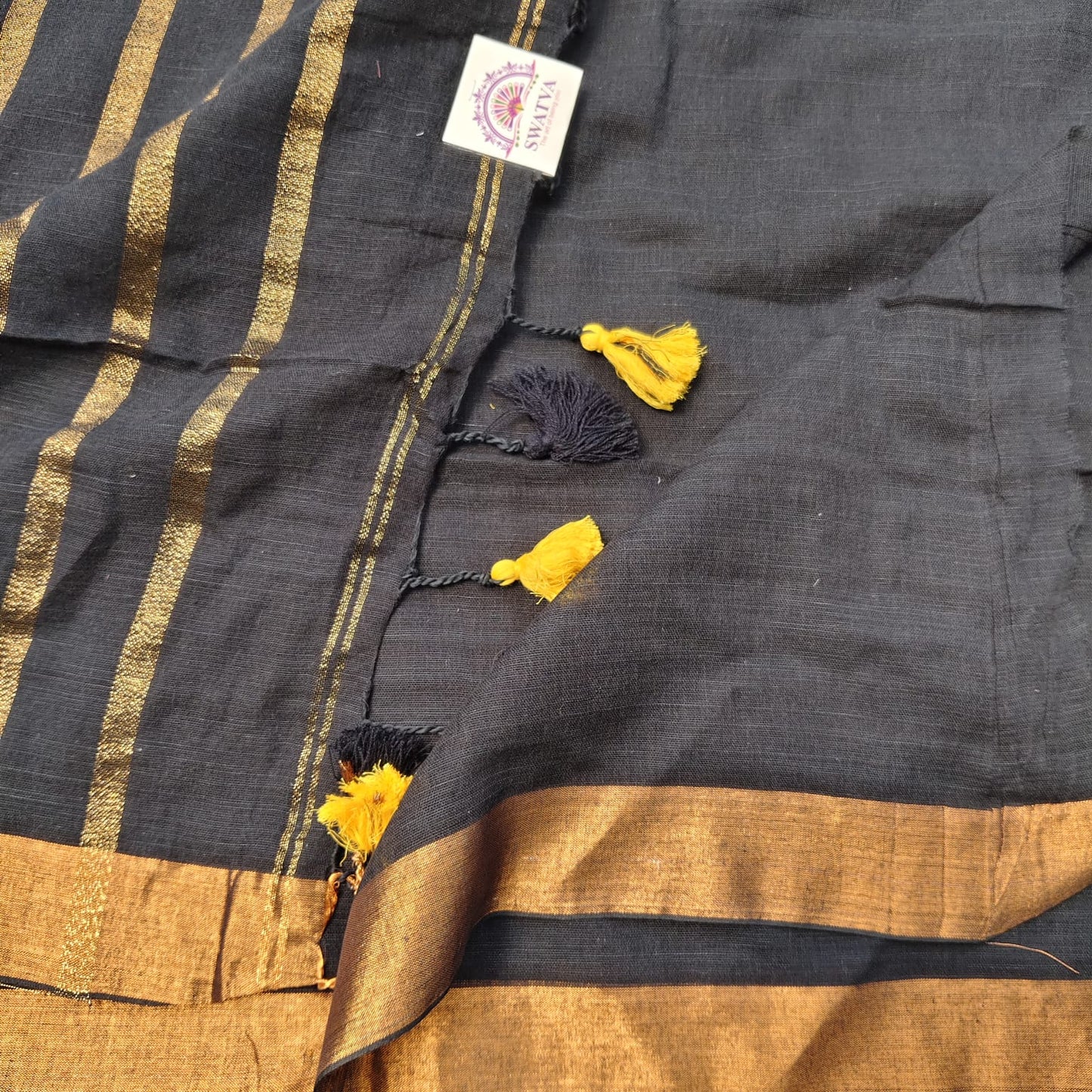 Linen with Zari Stripes - Black