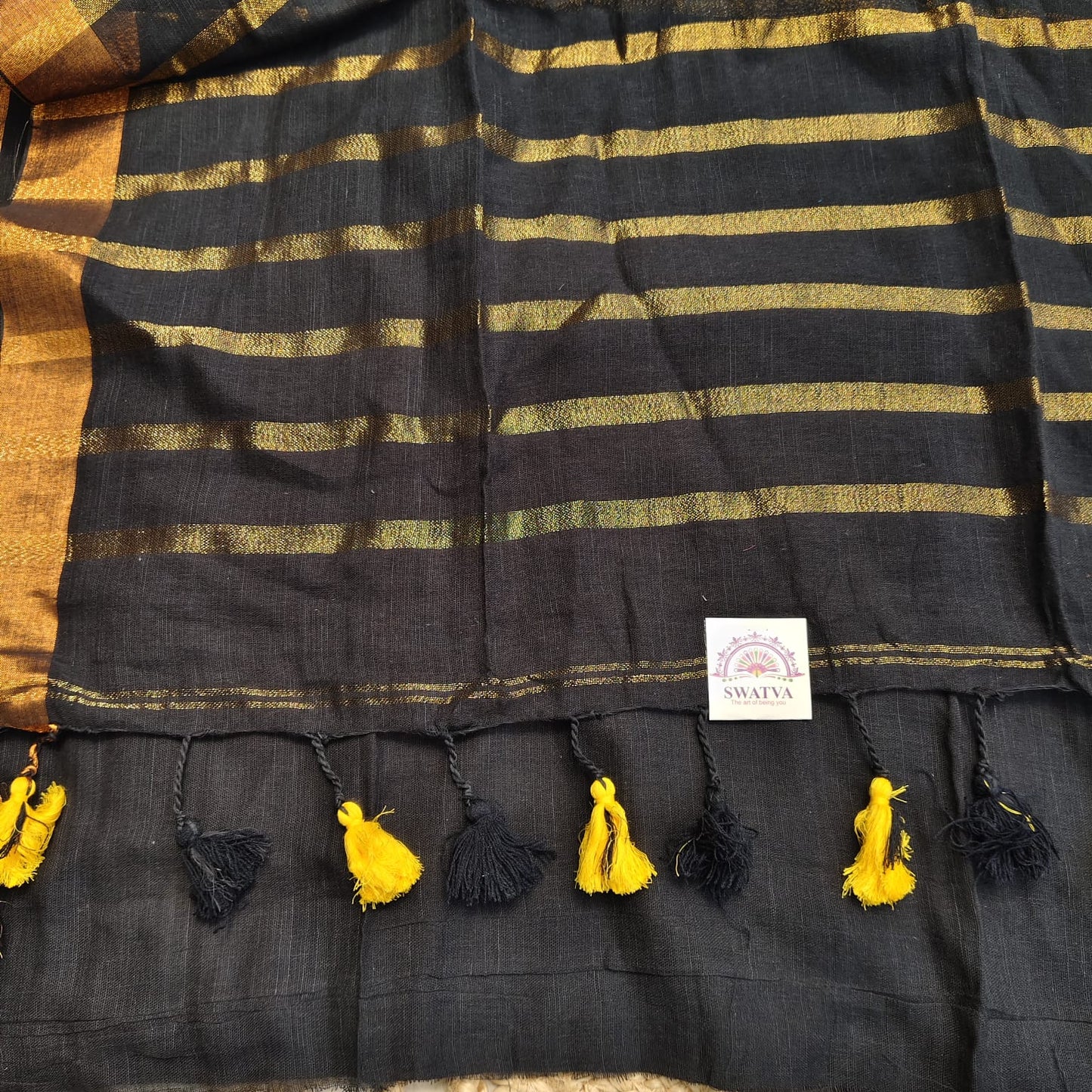 Linen with Zari Stripes - Black