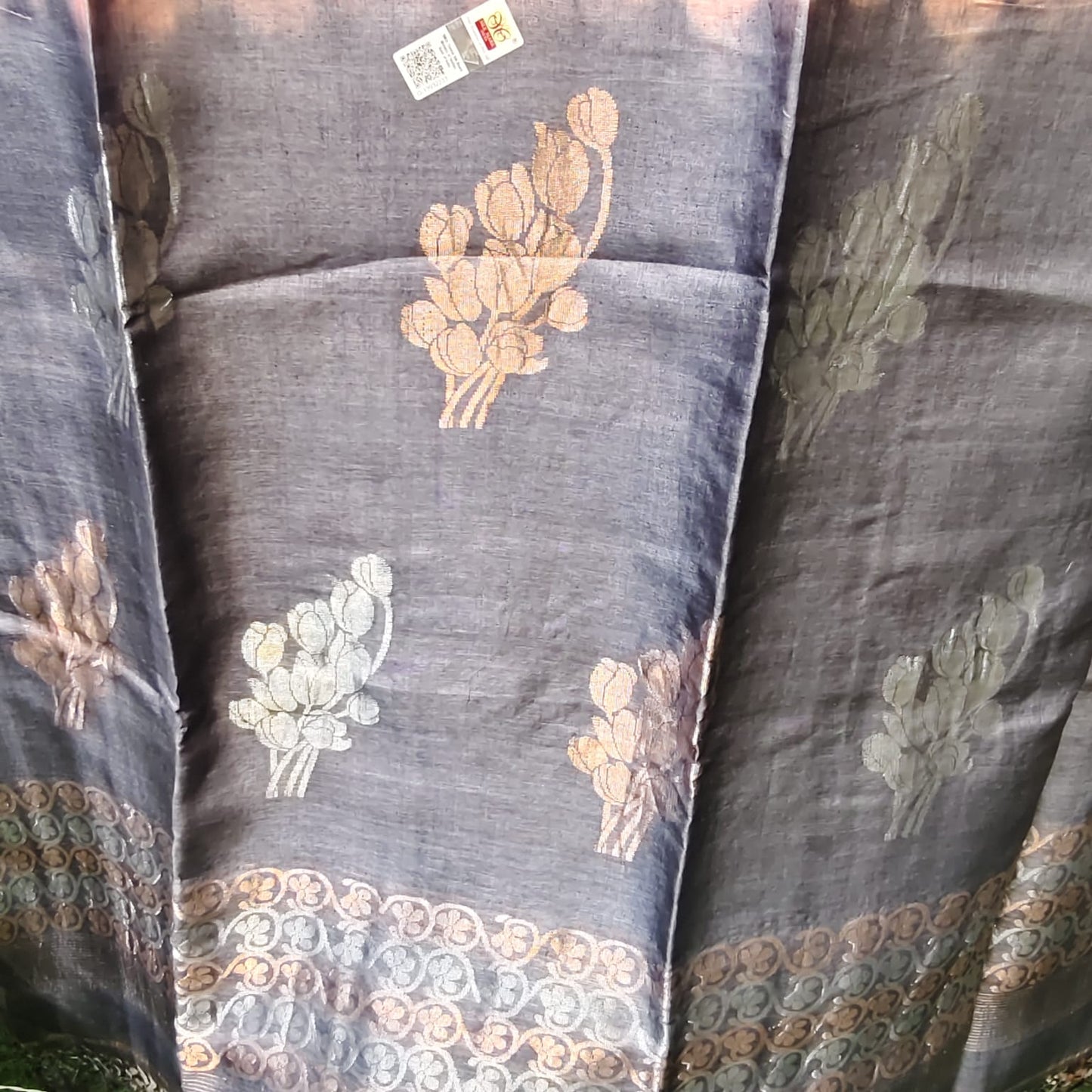 Pure Tussar Silk- Peach and Gray