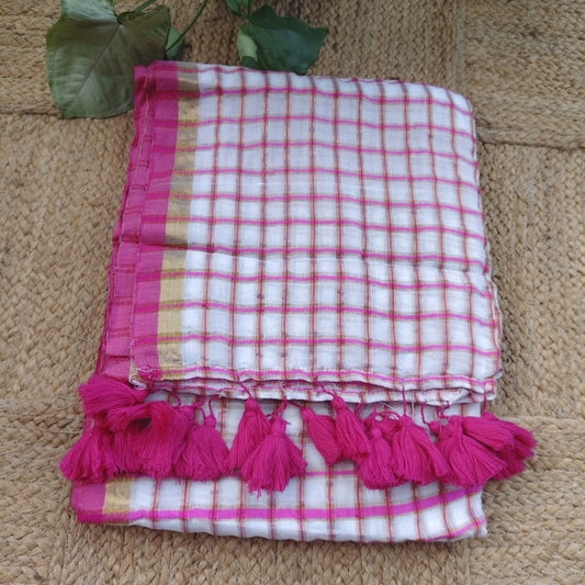 Mul Cotton -White Fuschia Checks