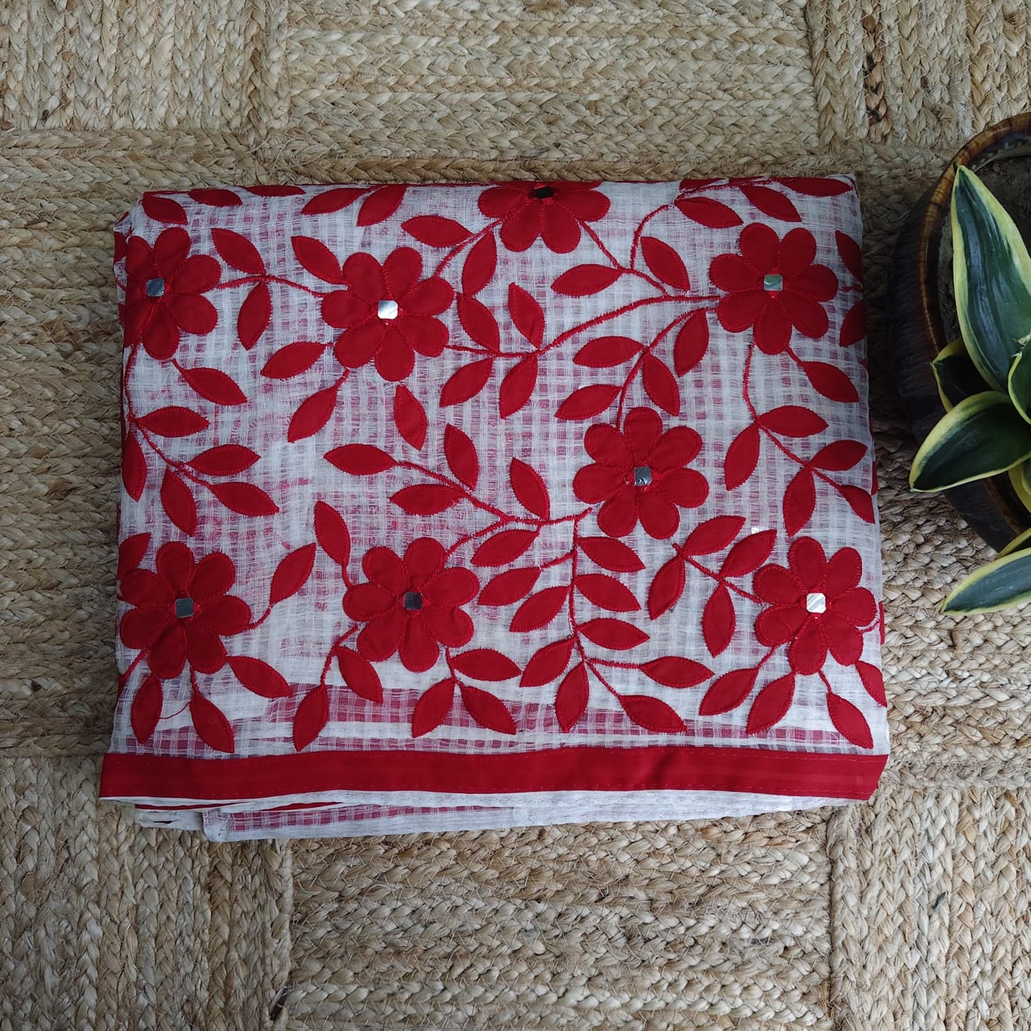 Resham Kota-Applique, White n Red