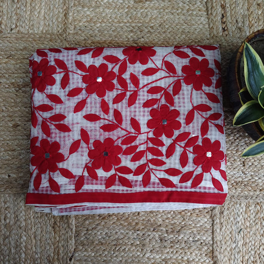 Resham Kota-Applique, White n Red