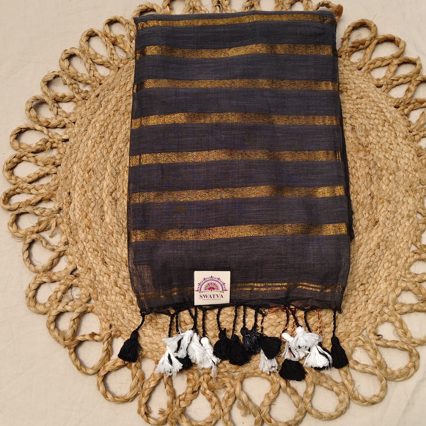 Linen with Zari Stripes -Slate Gray