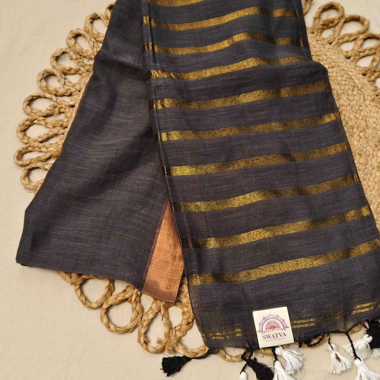 Linen with Zari Stripes -Slate Gray