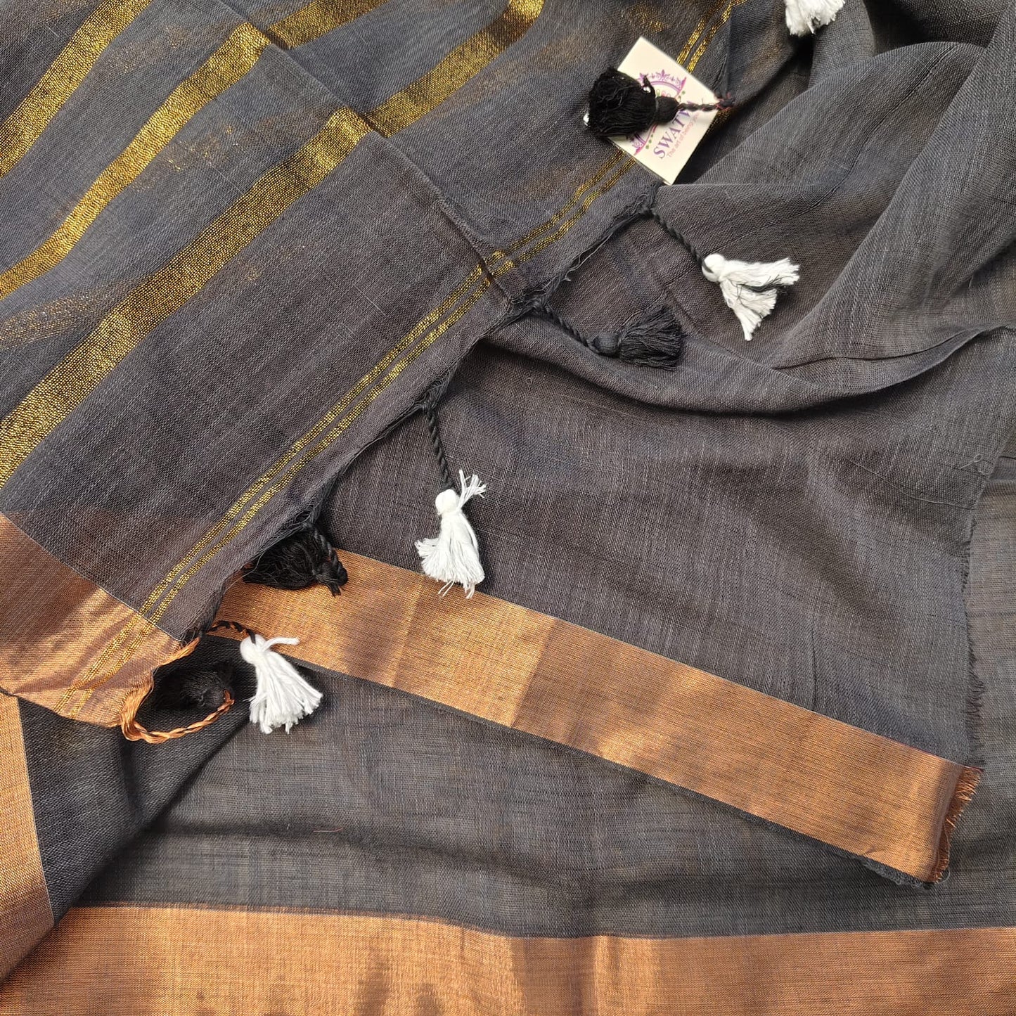 Linen with Zari Stripes -Slate Gray