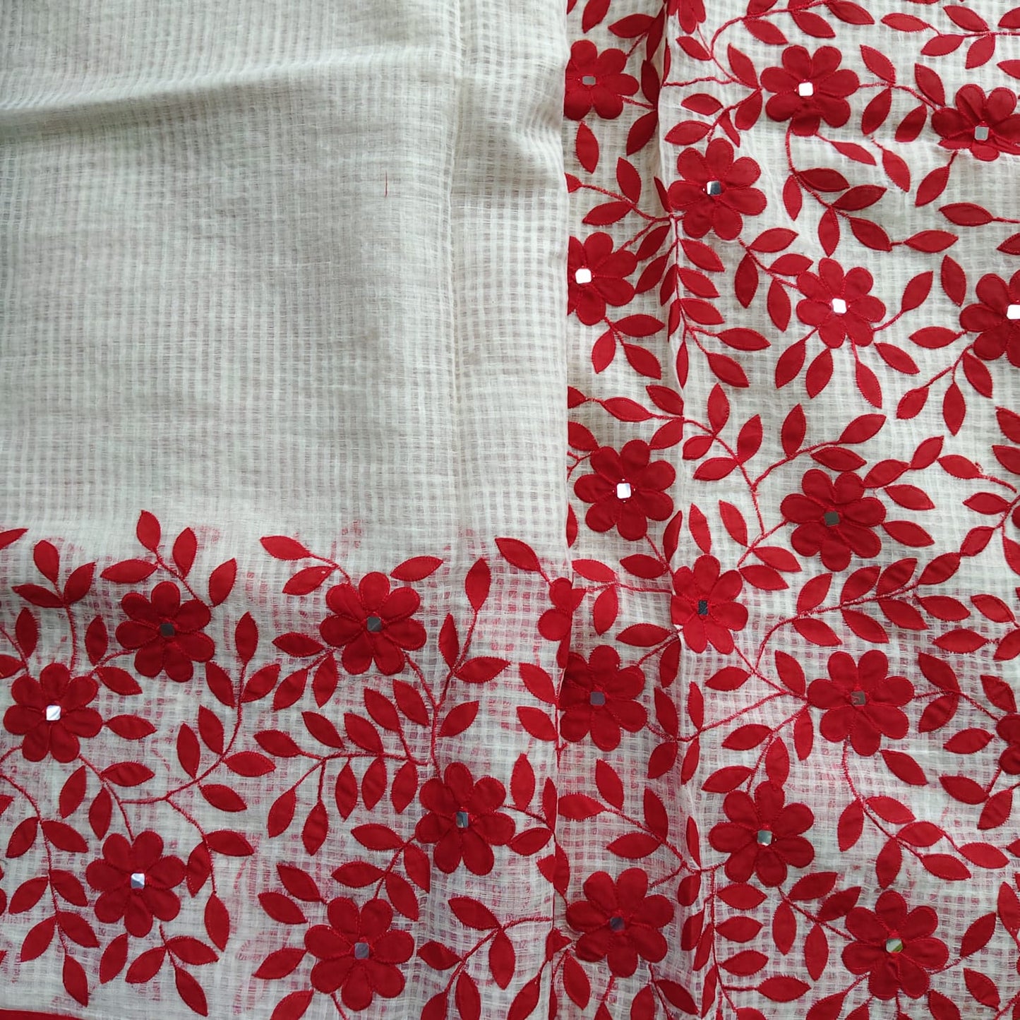 Resham Kota-Applique, White n Red