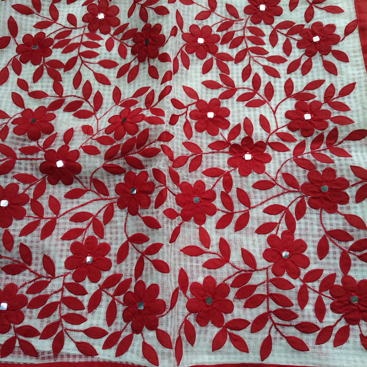 Resham Kota-Applique, White n Red