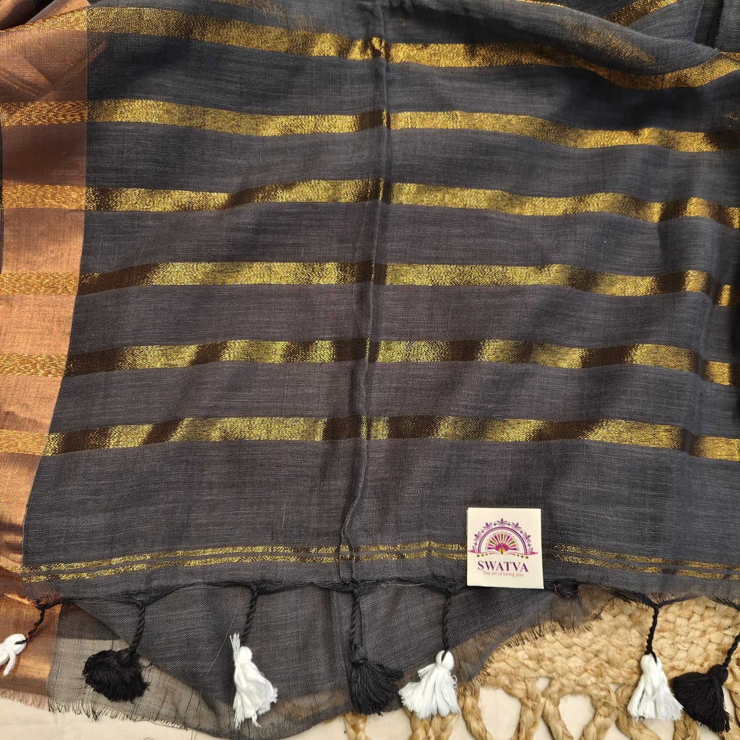 Linen with Zari Stripes -Slate Gray