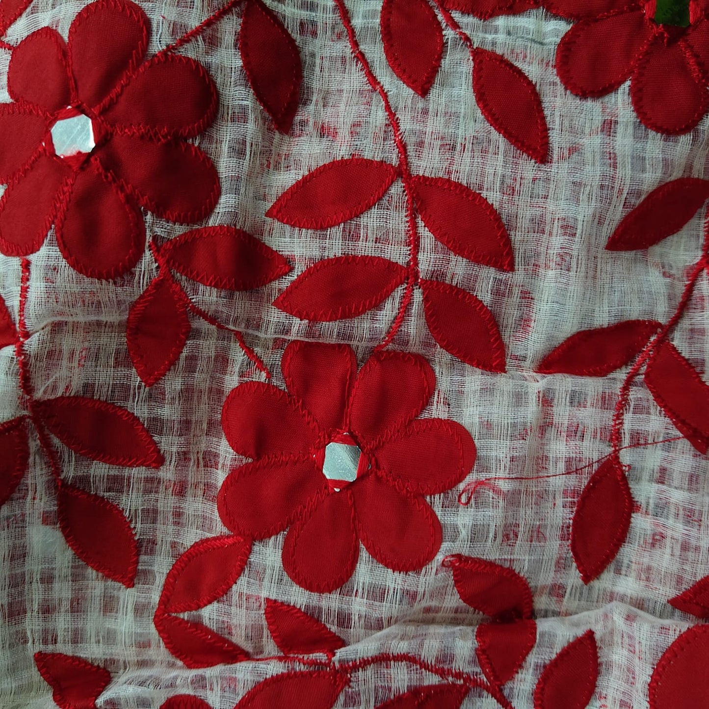 Resham Kota-Applique, White n Red