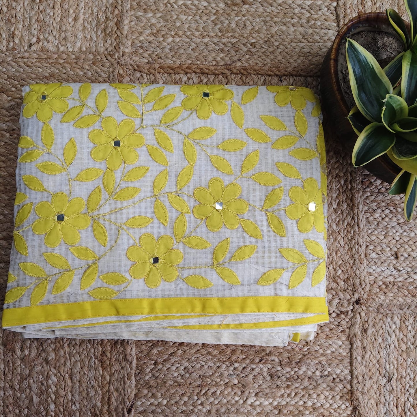 Resham Kota Applique, White- Yellow