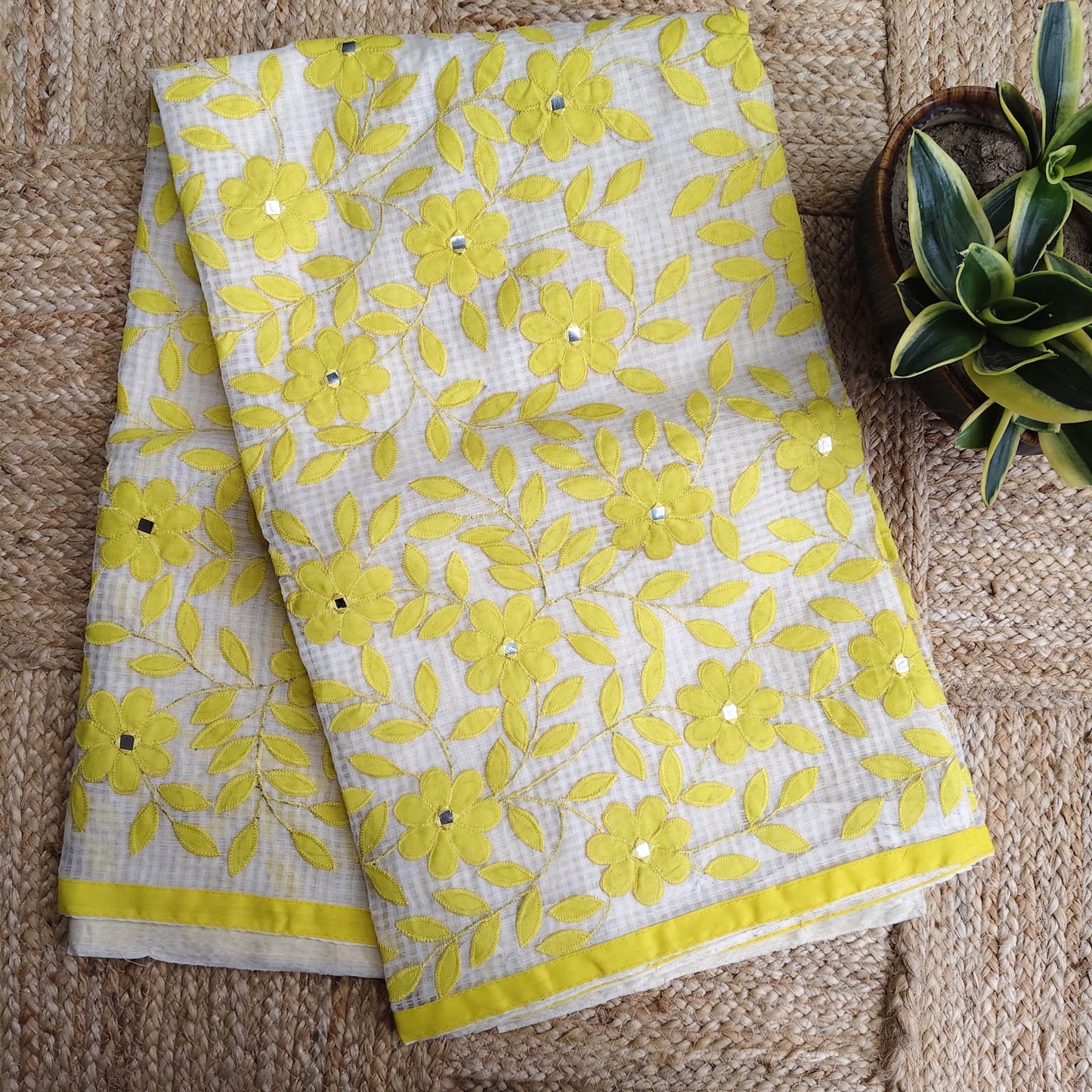 Resham Kota Applique, White- Yellow