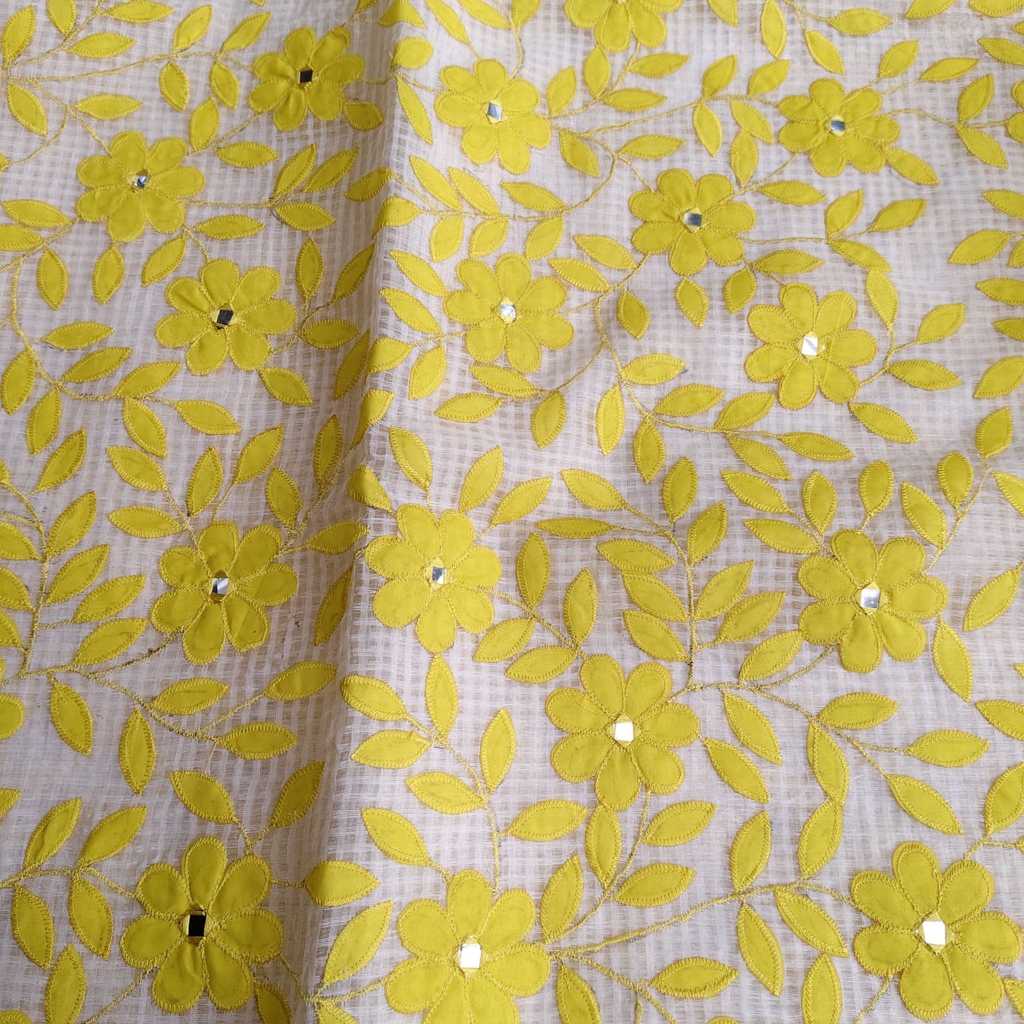 Resham Kota Applique, White- Yellow