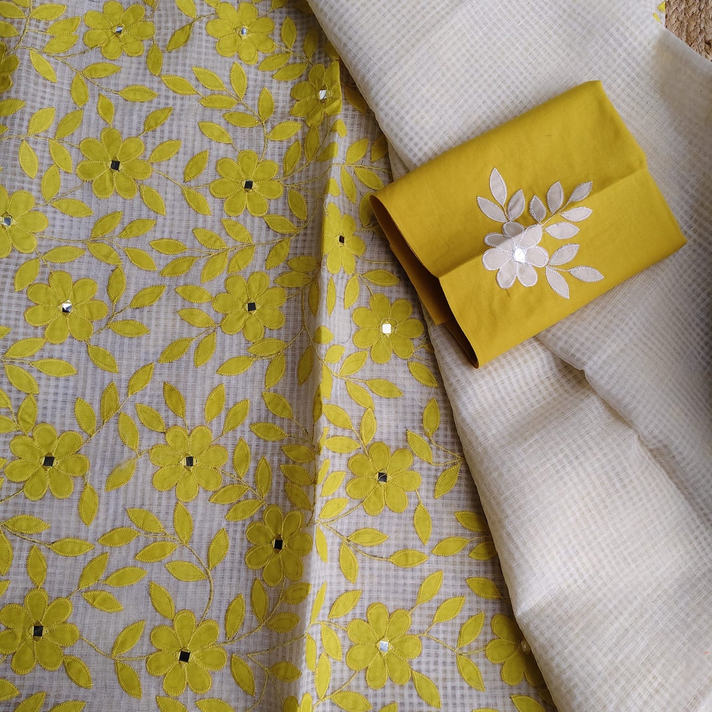 Resham Kota Applique, White- Yellow