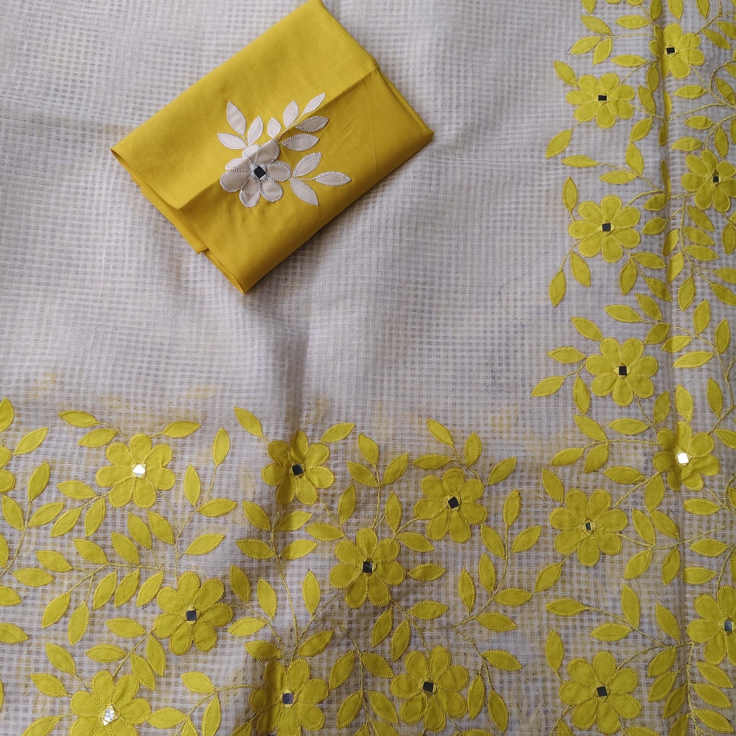 Resham Kota Applique, White- Yellow