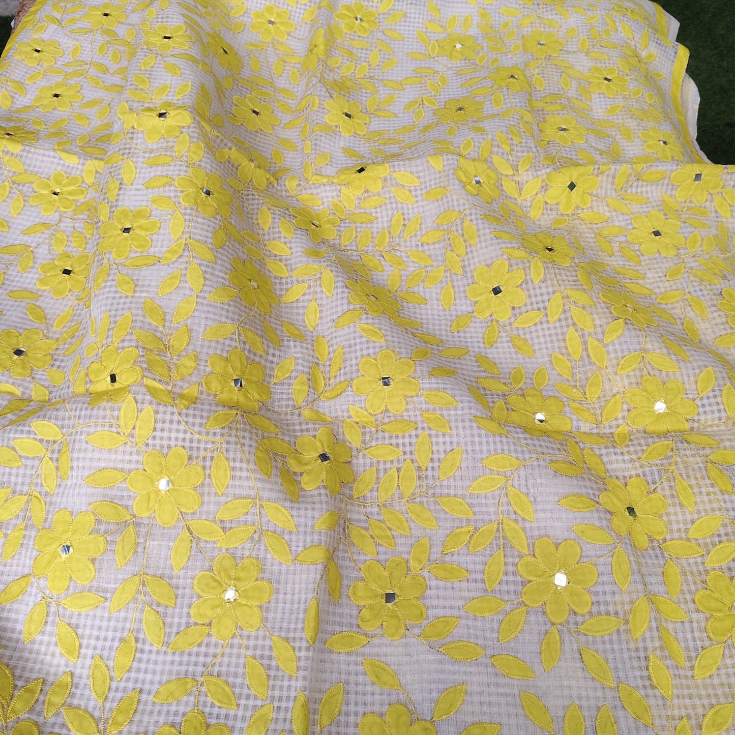 Resham Kota Applique, White- Yellow