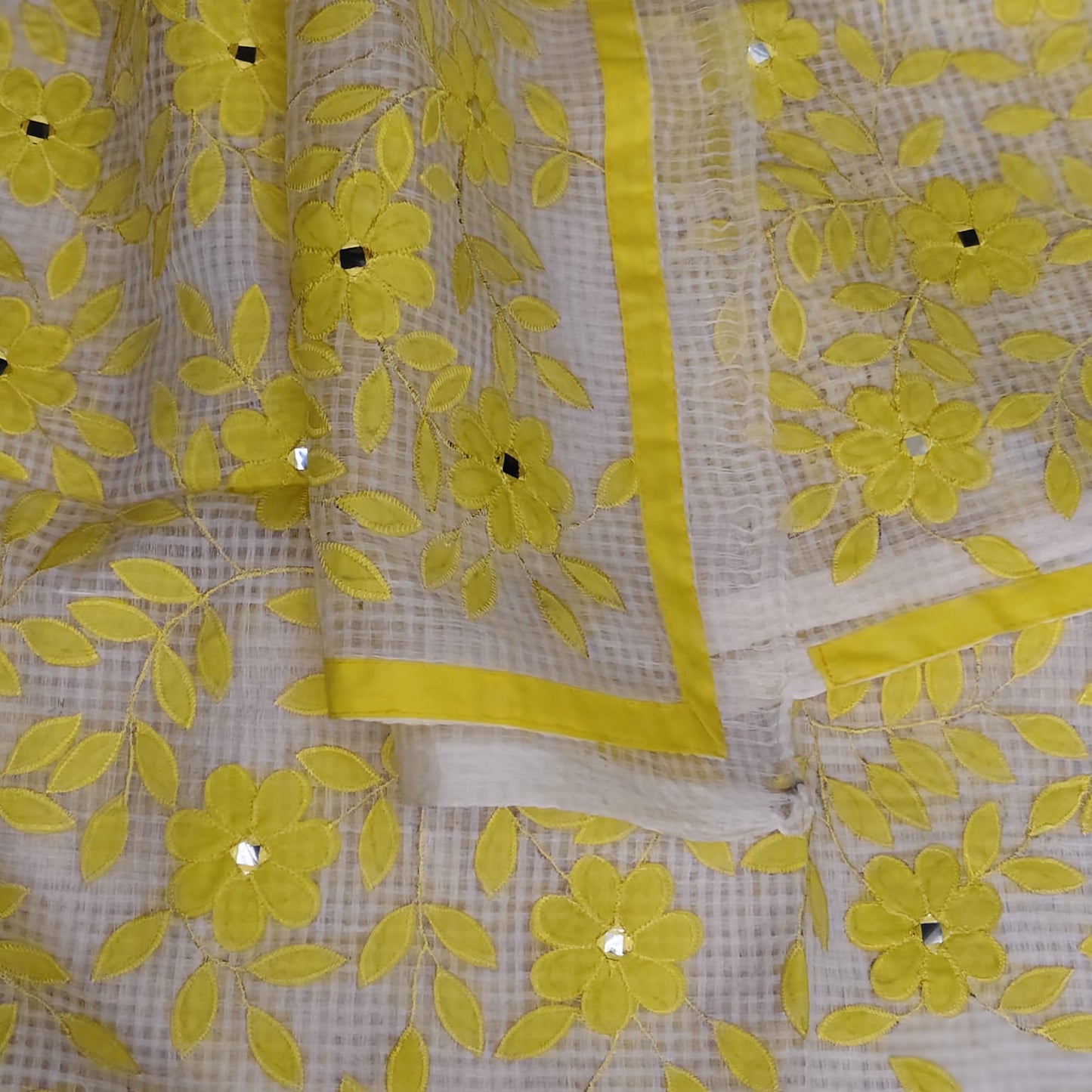 Resham Kota Applique, White- Yellow