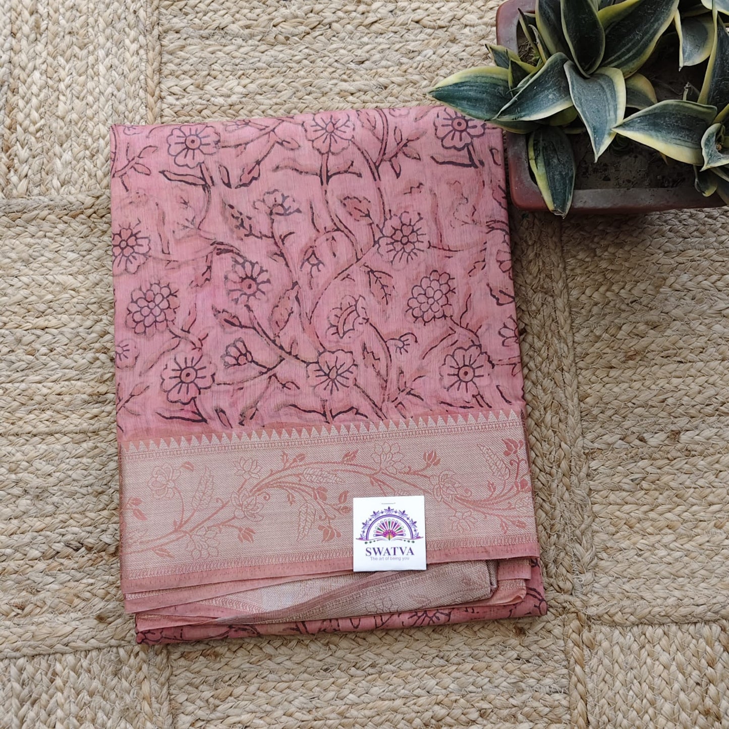 Block Printed Chanderi Silk-Burnt Peach