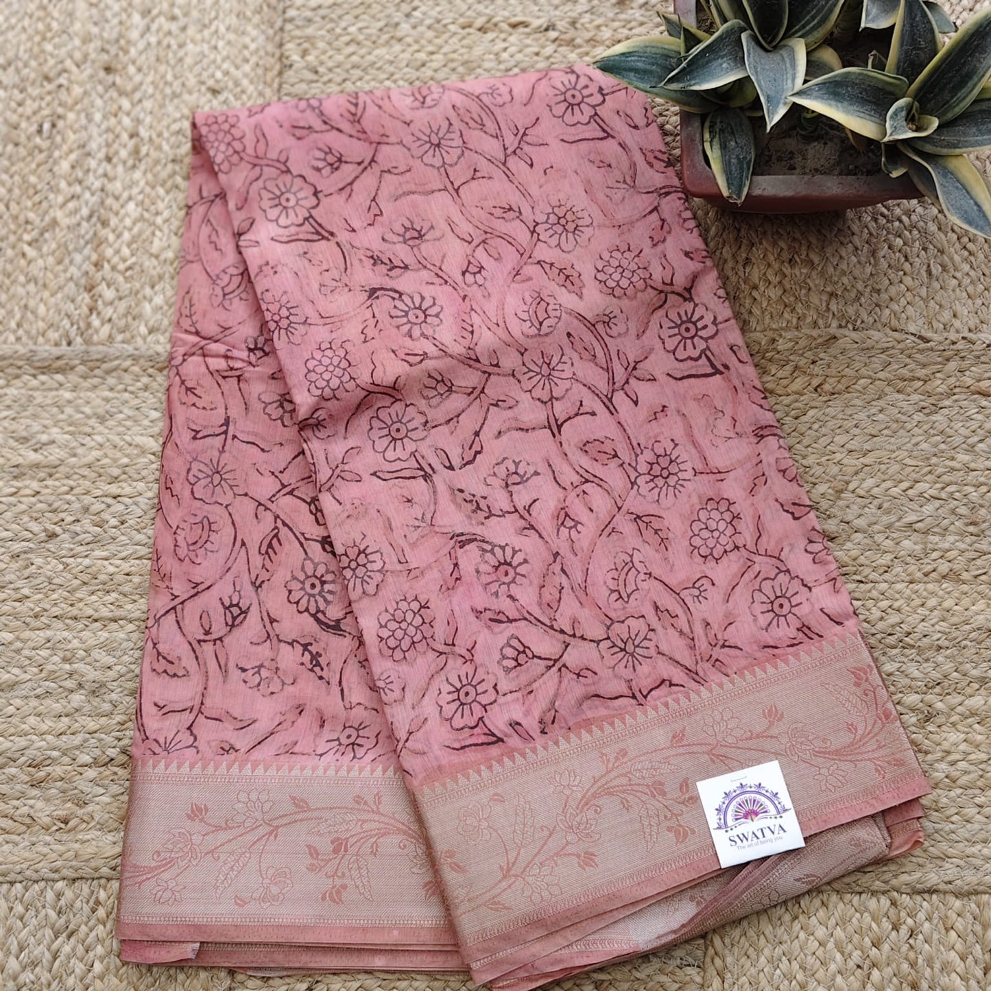 Block Printed Chanderi Silk-Burnt Peach