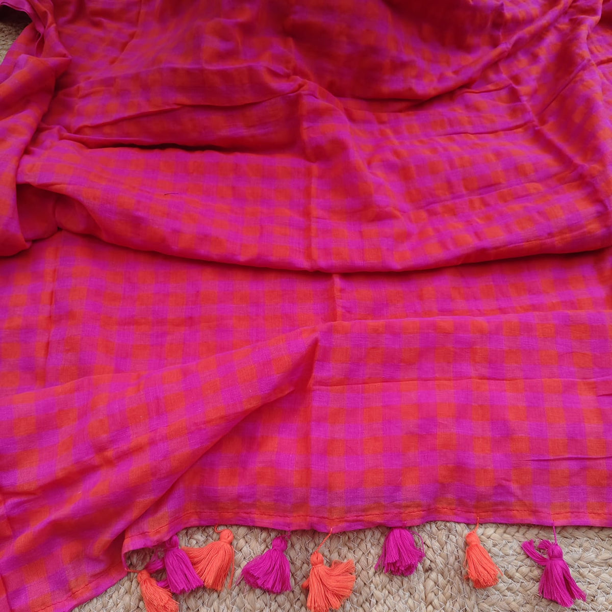 Mul Cotton -Orange Magenta Checks