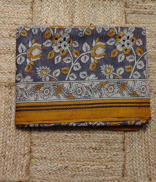 Jute Cotton Kalamkari- Gray and Yellow