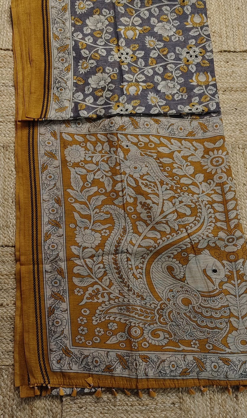 Jute Cotton Kalamkari- Gray and Yellow